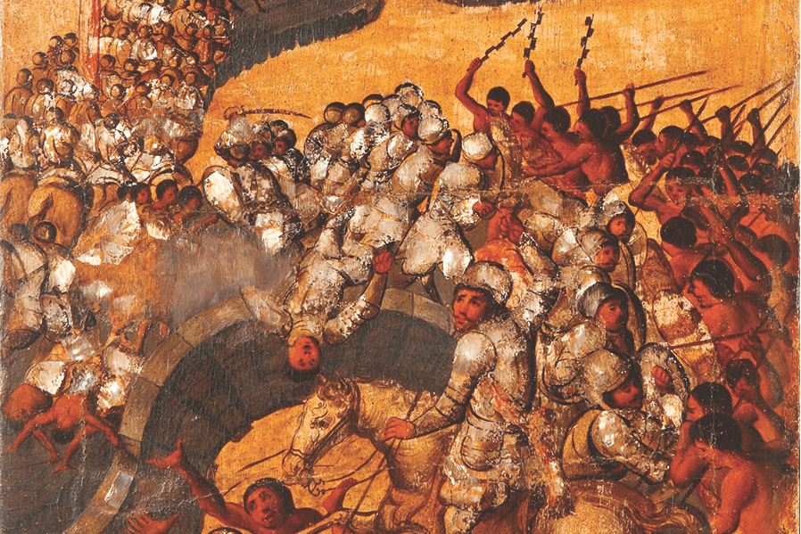 The Spanish flee Tenochtitlan under fierce fire during La Noche Triste.