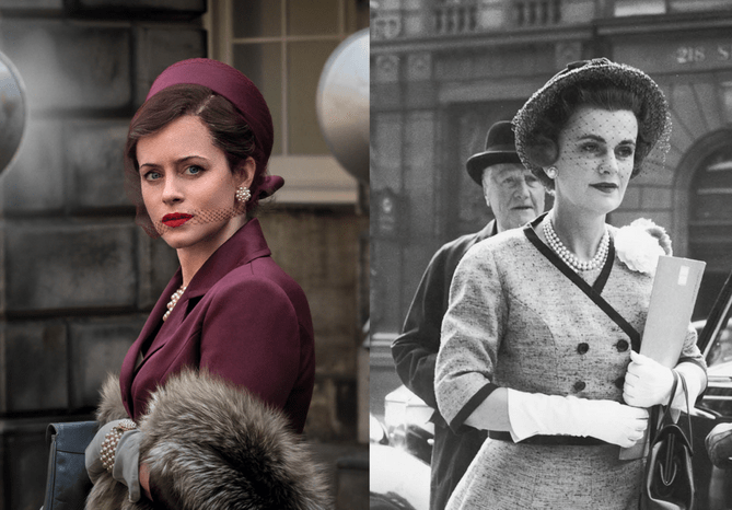 Claire Foy as the Duchess of Argyll in A Very British Scandal (left); Margaret Campbell, Duchess of Argyll (right)